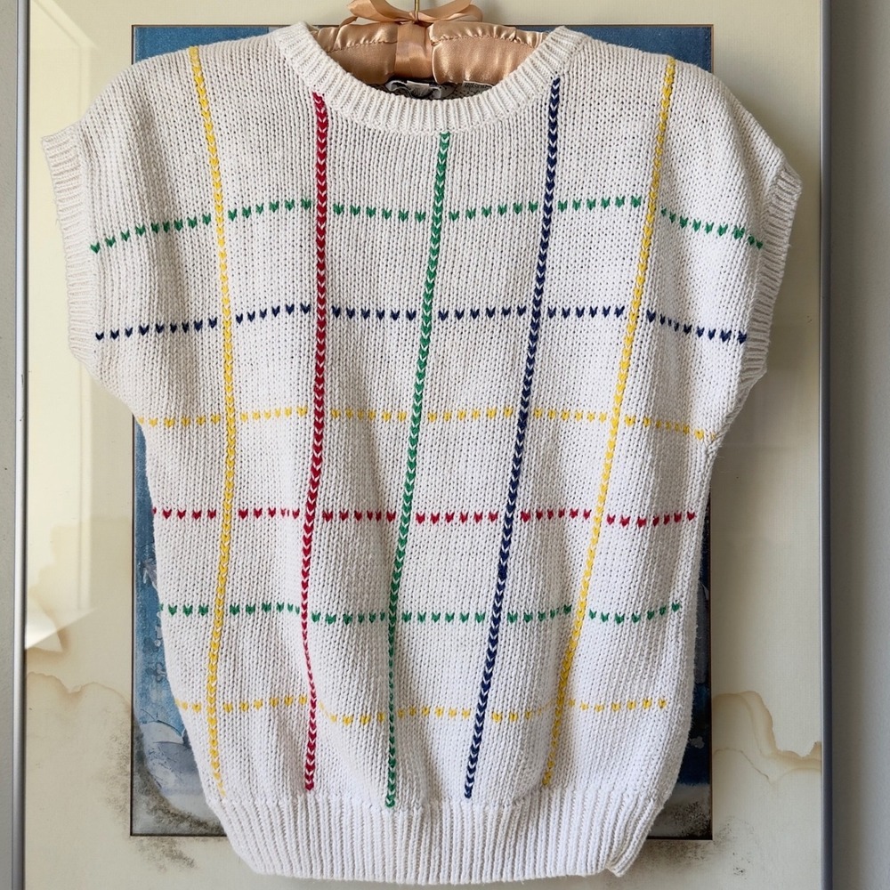 Vintage 80s Russ Togs Rainbow Grid Knit Cap Sleeve Sweater Vest Cream S Kidcore